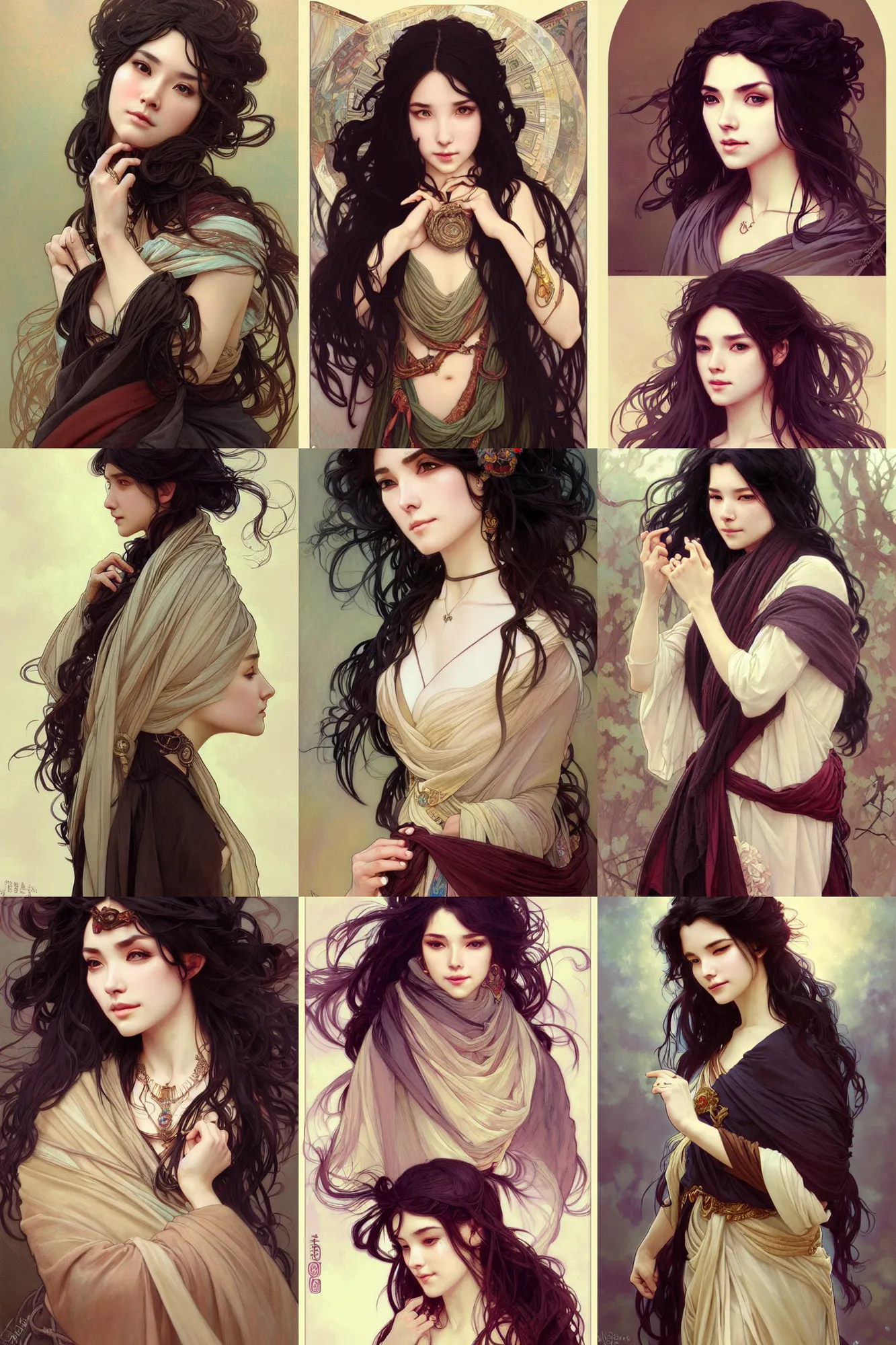 Prompt: portraits of women's hair styles, thick wavy black hair, shawl, scarf, robes, loincloth, dress, layered skirts, copious jewelry, art by artgerm and greg rutkowski and alphonse mucha and william and ruan jia, high detailed,