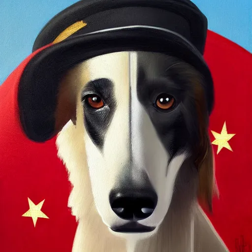 Prompt: Portrait painting of a Borzoi Dog using a communist red beret as an Overwatch character, medium shot, asymmetrical, profile picture, Organic Painting, sunny day, Matte Painting, bold shapes, hard edges, street art, trending on artstation, by Huang Guangjian and Gil Elvgren and Sachin Teng