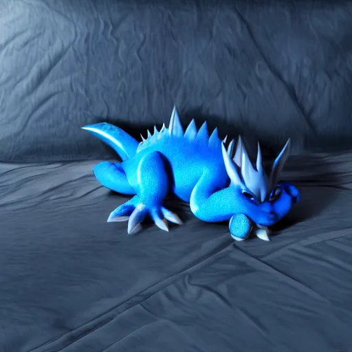 Image similar to little blue dragon, sleeping soundlly on top of a small dark blue pillow, 4k, hyper realistic, charaterdesign, artstation, unreal engine, dybamic range, nighttime, sweet dreams