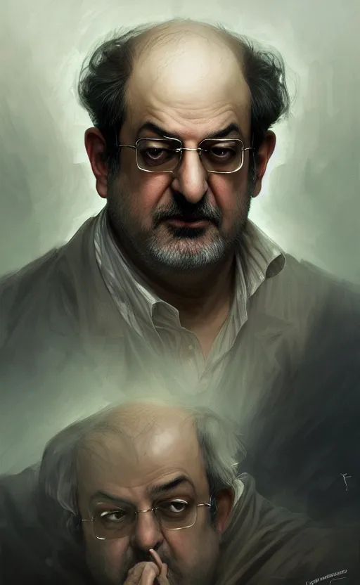 Image similar to portrait of salman rushdie, deep focus, d & d, fantasy, intricate, elegant, highly detailed, digital painting, artstation, concept art, matte, sharp focus, illustration, art by artgerm and greg rutkowski and alphonse mucha