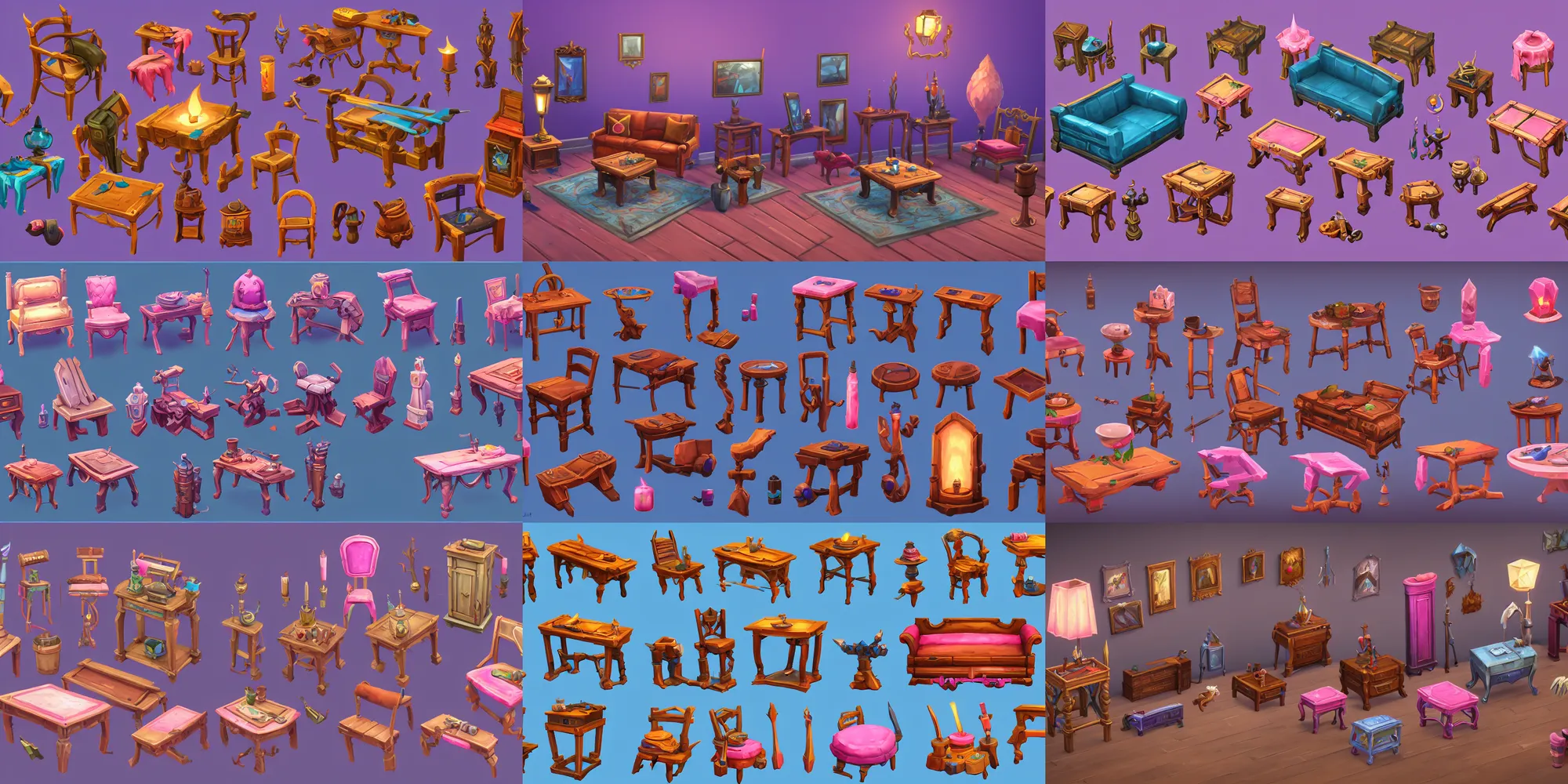 Prompt: game asset of the sims torchlight furniture and decor, in gouache detailed paintings, props, stylized, 2 d sprites, kitbash, arcane, overwatch, blue and pink color scheme, 8 k, close up