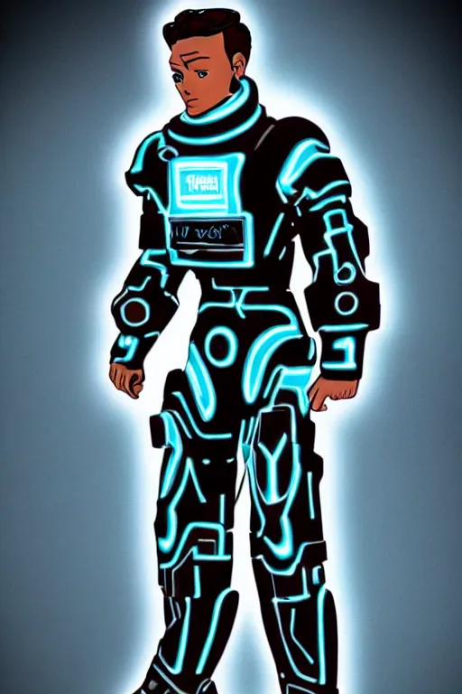 Image similar to tron themed fallout power armor, realistic product photo