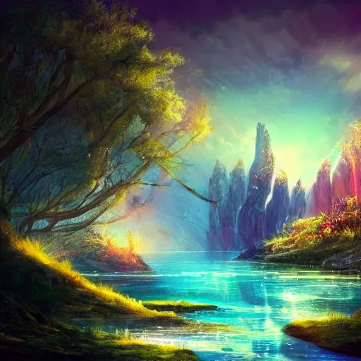 Prompt: celestia, eden, river, fantasy artwork, award winning, very very very very very very very beautiful scenery, artstation