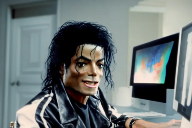 Prompt: Michael Jackson using discord on a computer ultra realistic, 4K, movie still, UHD, sharp, cinematic