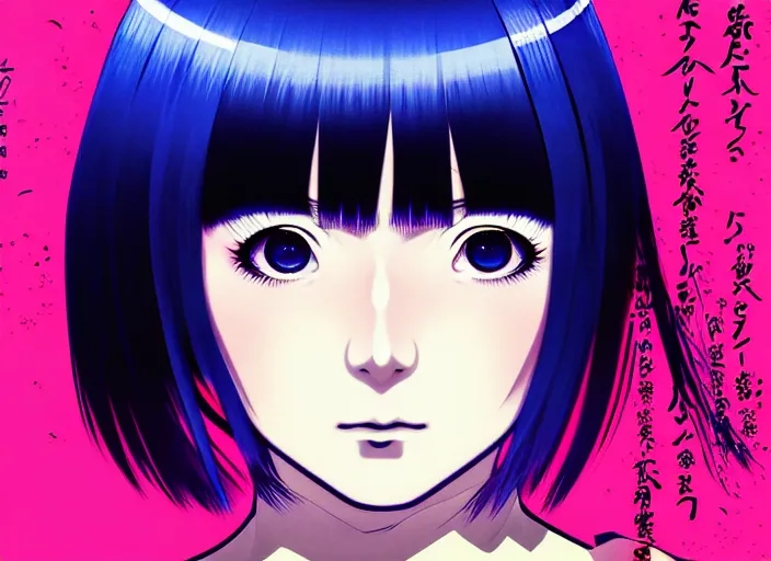 Image similar to ilya kuvshinov editorial illustration colorful anime portrait of shiina ringo, murata range, blue submarine no 6, manga, fine texture, detailed, perfect anime face, dramatic lighting, film grain, textured brush strokes, dynamic composition, moody, vivid, volumetric light, alphonse mucha, last exile, fine stippled lighting, tsuruta kenji
