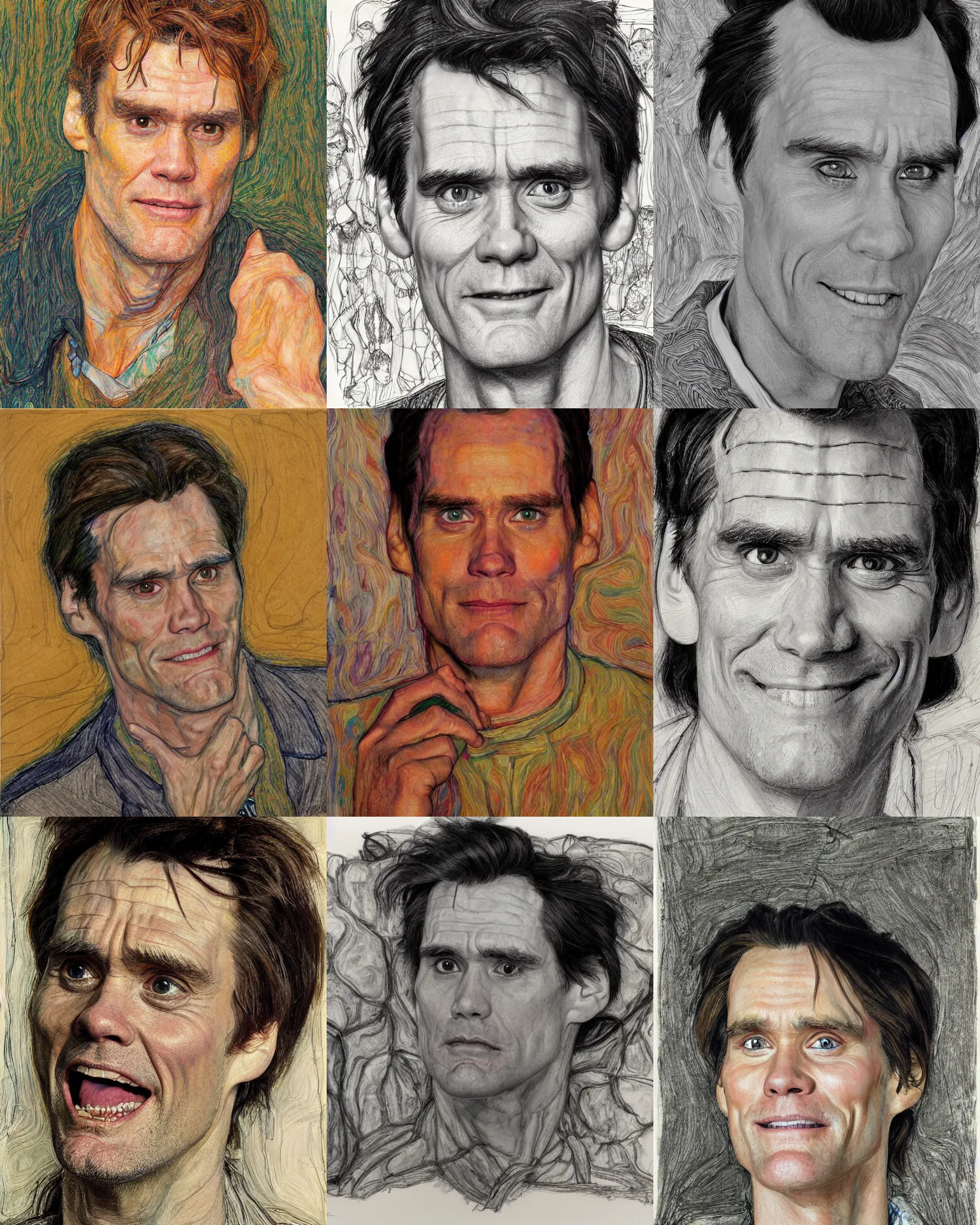 Prompt: a portrait of jim carrey, linework underdrawing by richard schmid, egon schiele, gustav klimt