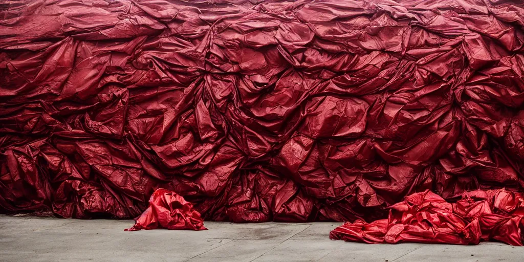 Prompt: photography of a gigantic wall built with red garbage bags, photography by Annie Leibovitz and david lachapelle, photography award winning, rule of thirds, golden ratio, phi