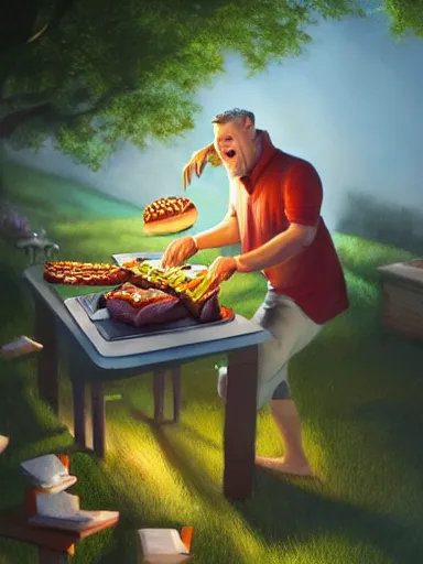 Image similar to a happy middle aged man, fliping burgers in the grill on the lawn. intricate, elegant, highly detailed, digital painting, artstation, concept art, sharp focus, illustration, by justin gerard and artgerm, 8 k