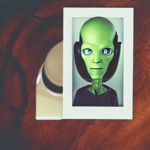 Prompt: polaroid of an alien on a table surrounded by doctors