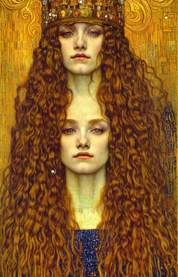 Image similar to detailed realistic beautiful young medieval queen face portrait by jean delville, gustav klimt and vincent van gogh, art nouveau, symbolist, visionary, gothic, pre - raphaelite, muted earthy colors, desaturated