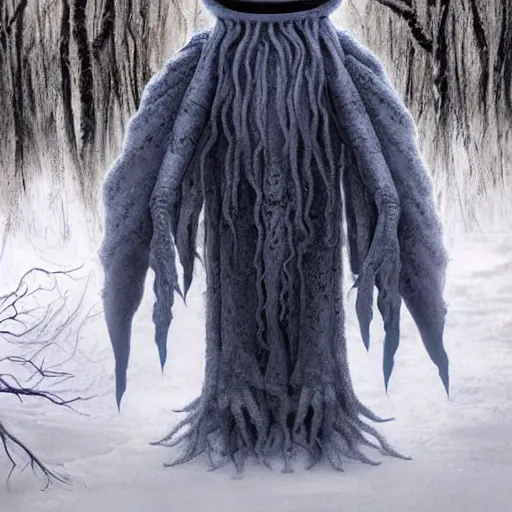 Image similar to a cute but unnerving fluffy humanoid ethereal ghost like live action muppet wraith like alien figure with a squid like parasite taking over its head and four long tentacles for arms that flow gracefully at its sides like a cloak while it floats around the frozen woods searching for lost souls and that hides amongst the shadows in the trees, this character can control the ice and snow and has mastery of the shadows, it is known as the bringer of nightmares, it is a real muppet by sesame street, photo realistic, real, realistic, felt, stopmotion, photography, sesame street