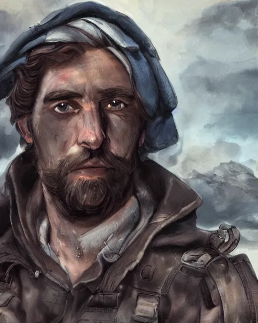 Image similar to portrait of muscular, tired and alcoholic 3 0 - year - old handsome man with short darkblonde hair, serious sad look in his eyes, dirty beard, blue eyes, crying, wearing dirty soldier uniform, on the desert, hyper realistic face, beautiful eyes, character art, art by mark brooks, hyperdetailed, cryengine, trending on artstation, digital art