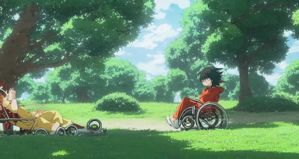 Image similar to a green long - haired boy in a wheelchair under a tree, day, sunshine, warm colors, relaxing, calm, cozy, peaceful, by mamoru hosoda, hayao miyazaki, makoto shinkai