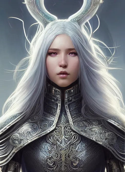 Image similar to light iridescent armor!!! long wild white hair!! covered chest!!! fantasy, d & d, intricate ornate details, digital painting, pretty face!!, symmetry, concept art, sharp focus, illustration, art by artgerm! greg rutkowski magali villeneuve wlop! ilya kuvshinov!!, octane render