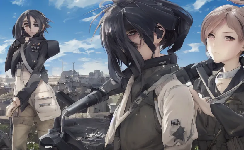 Image similar to panoramic view, girl, soldier clothing, battlefield in background, anime style, short hair, hair down, realistic face, symmetrical facial features, from arknights, hyper realistic, 4 k, extreme detail, detailed drawing, trending artstation, safebooru, realistic lighting, by alphonse mucha, greg rutkowski, anime eyes, sharp focus