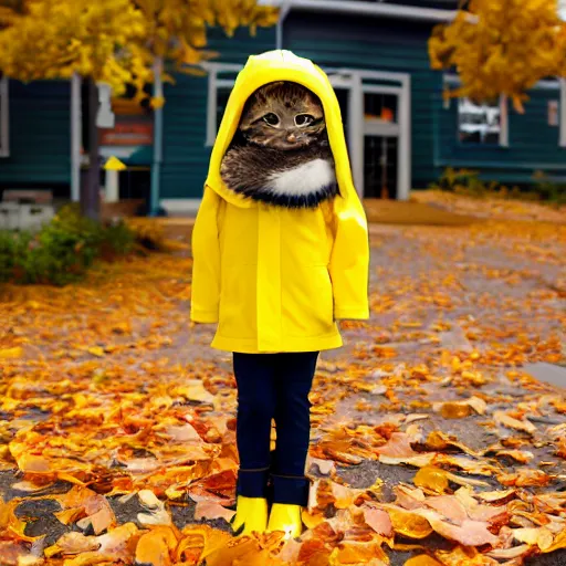 Prompt: anthropomorphic cute kitten wearing a yellow raincoat and yellow boots standing by the school bus on the first day of kindergarten, with colorful fall leaves and light rain