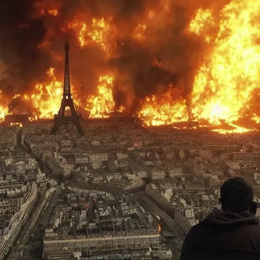 Image similar to A Guy standing a top of Eiffel tower, Zombie apocalypse, Zombie everywhere, Fire everywhere, Building destroyed, People screaming, Horde of zombies,