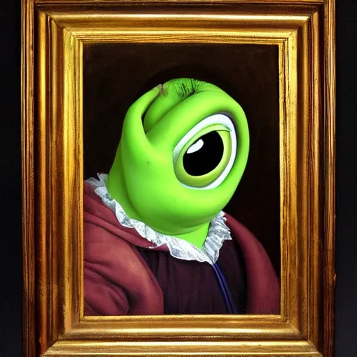 Image similar to a renaissance style portrait painting of Mike Wazowski