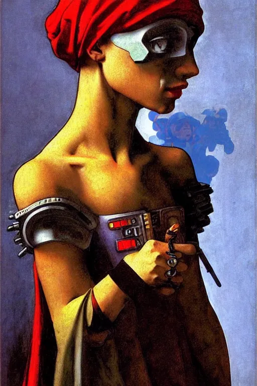 Image similar to full character portrait max mad cyberpunk warhammer 4 0 k, medic sapper not the girl with the pearl earring character design, painting by vermeer, frank frazetta, mucha klimt