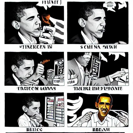 Prompt: barack obama smoking burger. film strip. 9 frames.