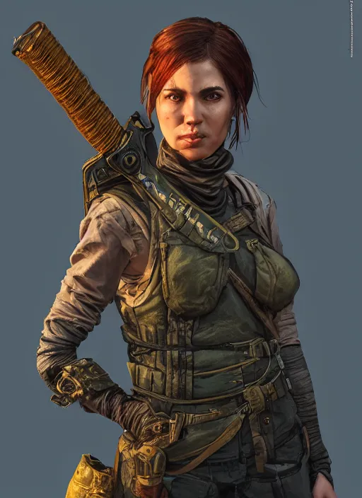 Image similar to A fantasy comic book style portrait painting of a female ranger in a grim post apocalyptic setting, unreal 5, DAZ, hyperrealistic, octane render, RPG portrait, dynamic lighting