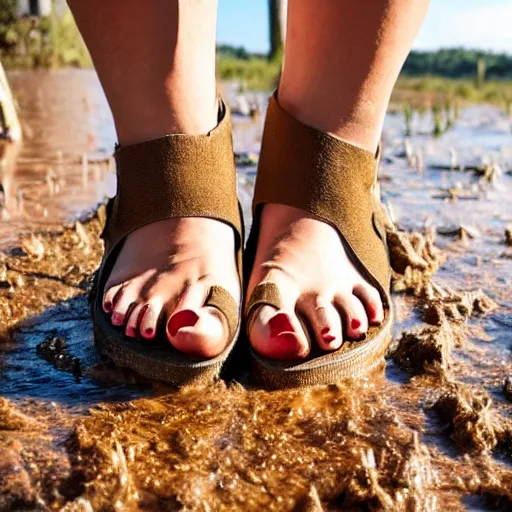 Prompt: close up of a girl's feet in chunky sandals walking trough the mud