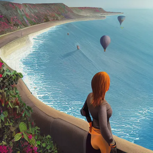 Image similar to woman staring out over the cliffs of dover, beautiful sunshiney day, active wear, hot air balloon, incredible detail, vray rendering, high octane, trending on artstation, high level detail, concept art, cinematic masterpiece, fineline artistry