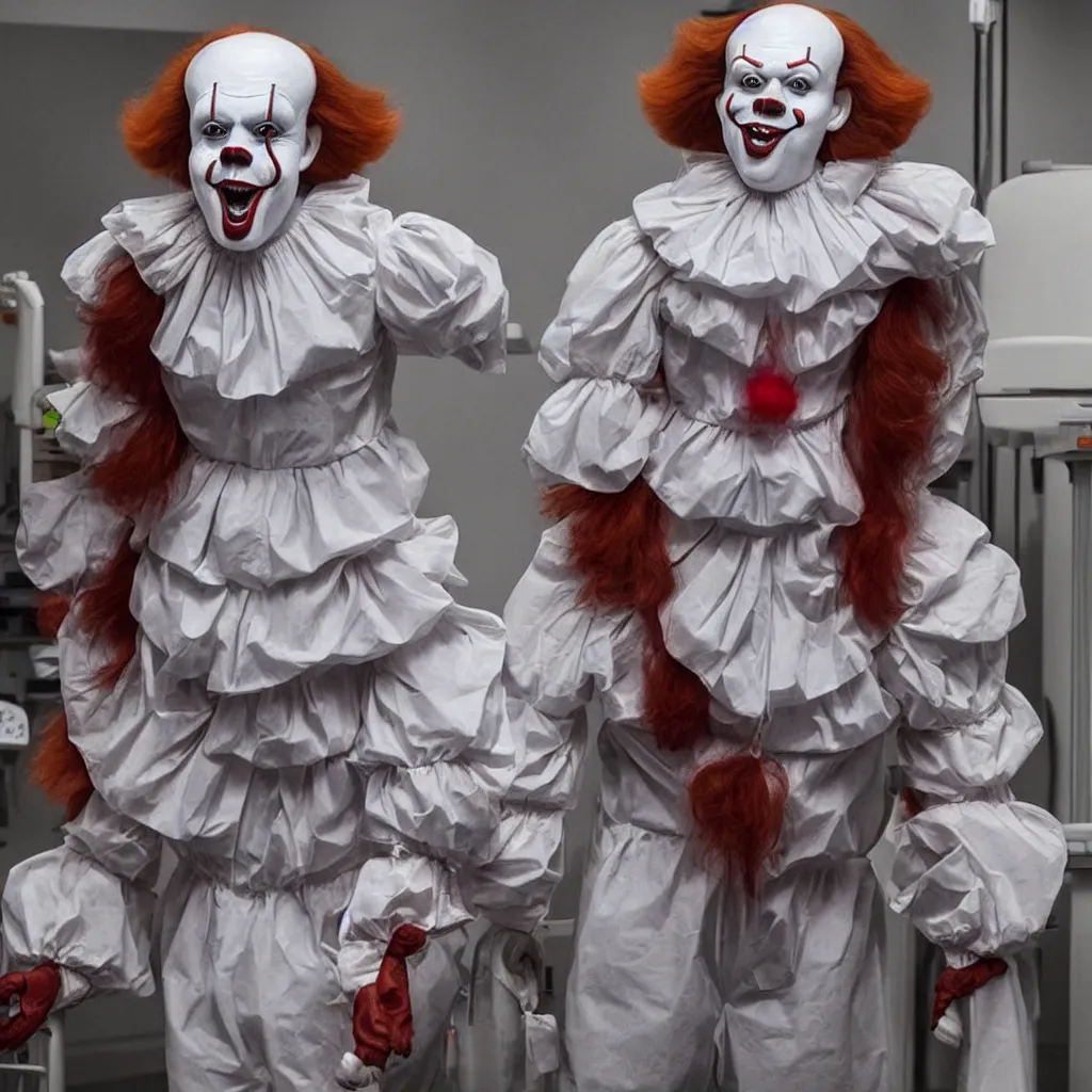 Image similar to a full body photograph of pennywise dressed as a doctor at a hospital