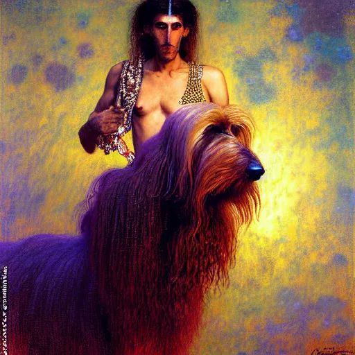 Image similar to portrait of a male furry afghan hound dog in a swimsuit. shadowrun furaffiniy cyberpunk fantasy highly detailed painting by gaston bussiere craig mullins jc leyendecker gustav klimt artgerm greg rutkowski john berkey, bergey, craig mullins, ruan jia, raymond swanland, jeremy mann, tom lovell, alex malveda