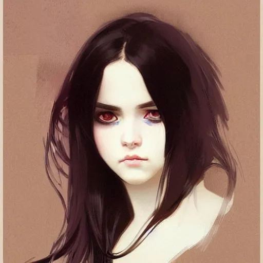 Image similar to emo girl and her cat, with long dark hair, thick eyebrows!!! deep dark big eyes and dark circles!, wide nose!!!, oval face shape, big cheeks!, by greg rutkowski and alphonse mucha, trending on artstation