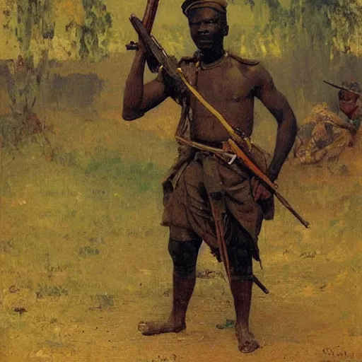 Image similar to igbo soldier armed with a rifle soldier, 1885, bright colors oil on canvas, by Ilya Repin