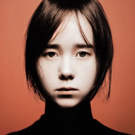 Image similar to a masterpiece portrait photo of a beautiful young woman who looks like a korean ellen page, symmetrical face