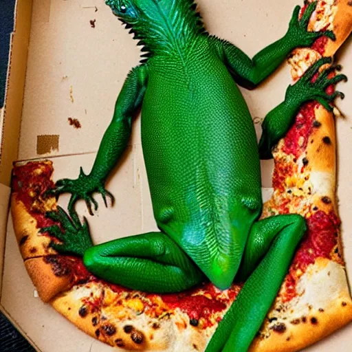 Prompt: big green lizard with black underbelly eating pizza