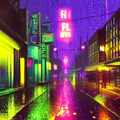Prompt: a rainy neon-lit street in the future on an alien world