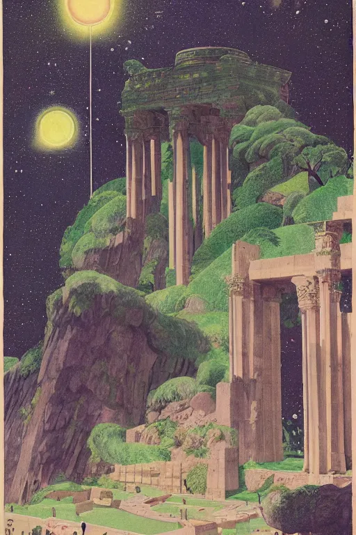 Image similar to night, stars, mecha robot, hanging gardens of babylon, temple of artemis at ephesus, waterfalls, blooming hills with spring flowers and pillars by helen lundeberg