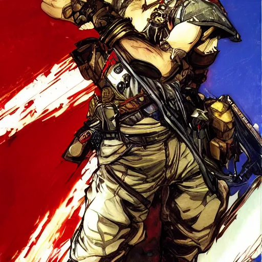 Image similar to portrait of a hero holding his sword in front of his face by yoji shinkawa, high quality, extra details, realism, ornate, colored, golden chain, blood, white skin, short hair, brown eyes, vivid, sunlight, dynamic, american man, freedom, soldier