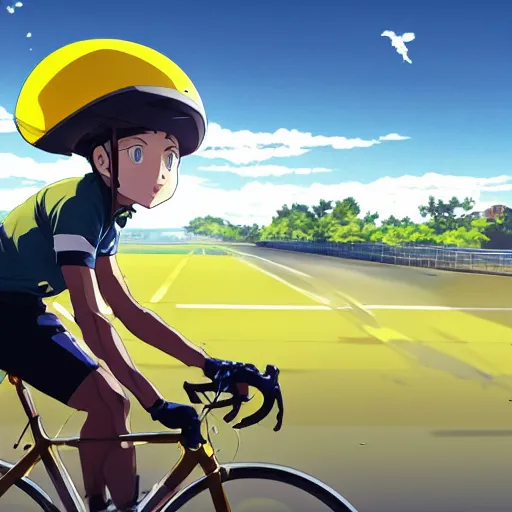 Prompt: portrait of alex jones riding road bike, sunny sky background, stadium landscape, illustration concept art anime key visual trending pixiv fanbox by wlop and greg rutkowski and makoto shinkai and studio ghibli and kyoto animation, symmetrical facial features, sports clothing, yellow bicycle helmet, nike bike shirt, backlit, aerodynamic frame