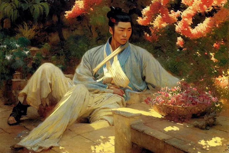 Image similar to wuxia, autumn, male rest in the garden, apricot flower falling, painting by gaston bussiere, craig mullins, j. c. leyendecker