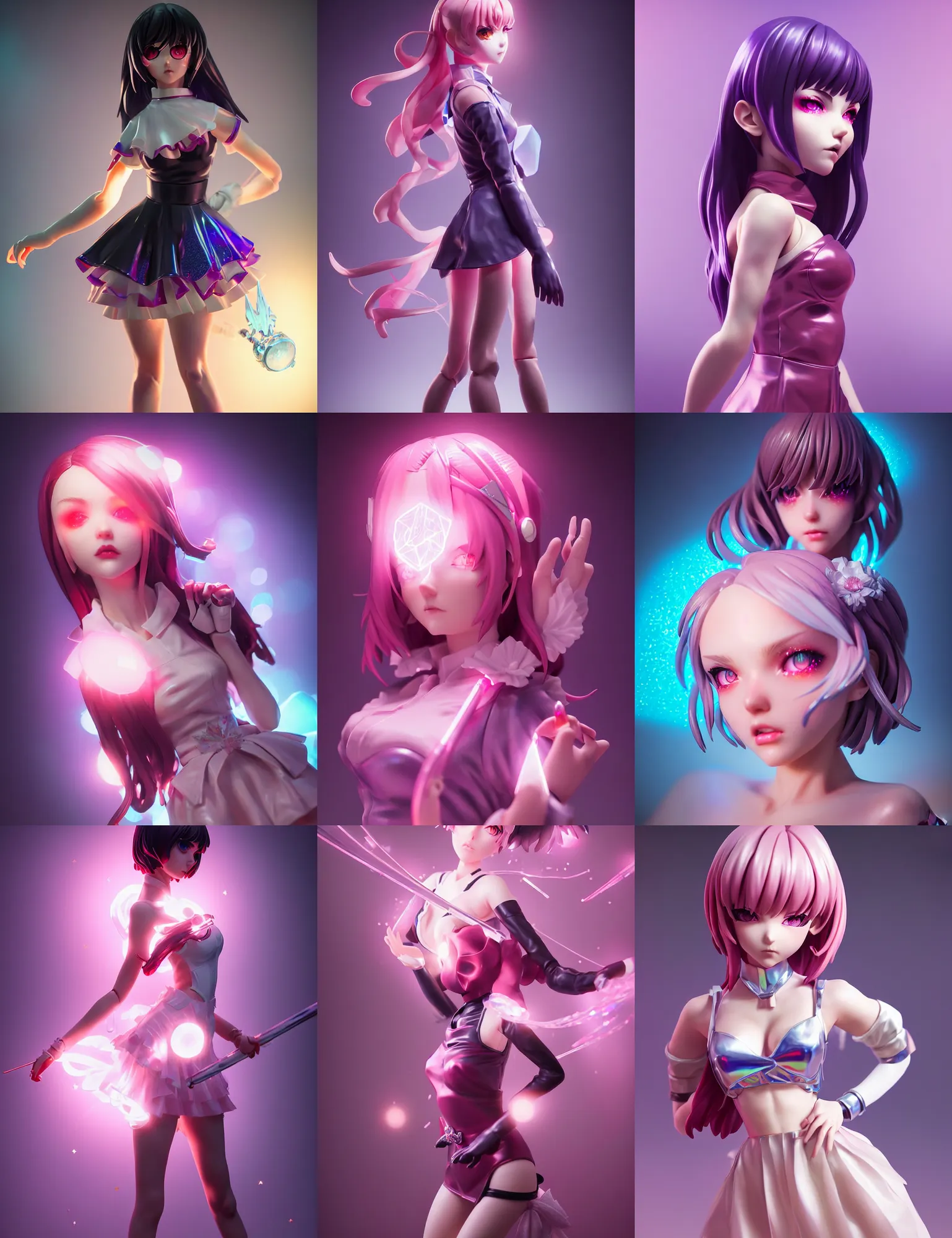 Prompt: ilya kuvshinov, artgerm isolated magical girl vinyl figure, artisan designer figure photography, glitter accents on figure, holographic undertones, expert human proportions, high detail, ethereal lighting, rim light, expert light effects on figure, sharp focus, dramatic composition and glowing effects unreal engine, octane, editorial awarded best character design