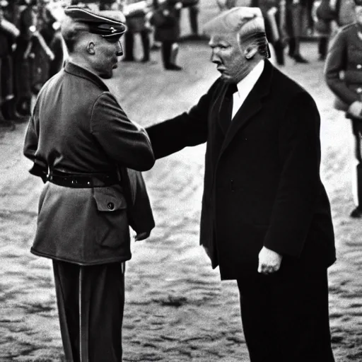 Image similar to donald trump and adolf hitler shaking hands, photography, hyper realism, germany, ww2, 8k,