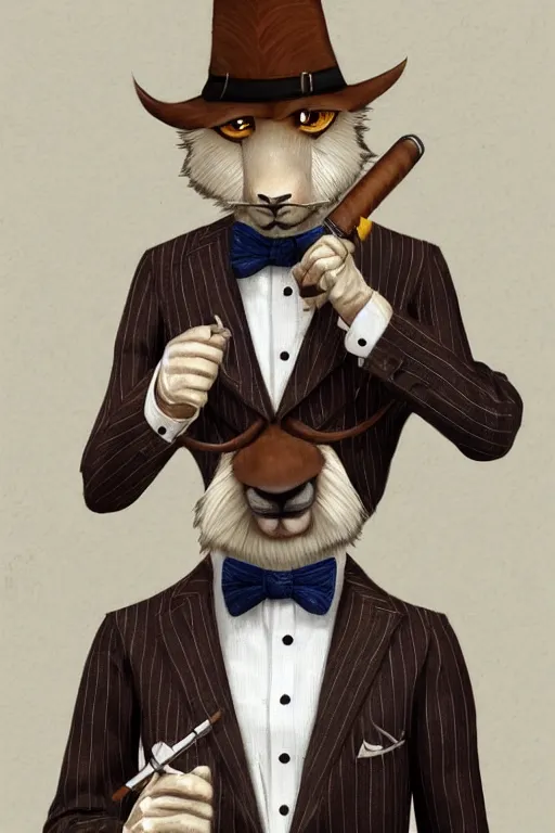 Prompt: beautiful portrait commission of a male furry anthro mountain goat wearing a pinstripe suit and waistcoat, smoking a cigar, hooves!, award-winning character art, detailed, trending on artstation