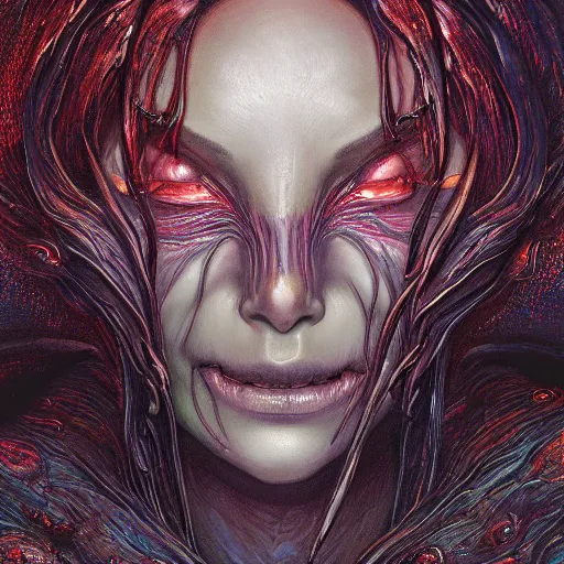 Image similar to photorealistic eldritch demon woman in the style of michael whelan and gustave dore. hyperdetailed photorealism, 1 0 8 megapixels, amazing depth, high resolution, 3 d shading, 3 d finalrender, 3 d cinematic lighting, glowing rich colors, psychedelic overtones, artstation concept art.