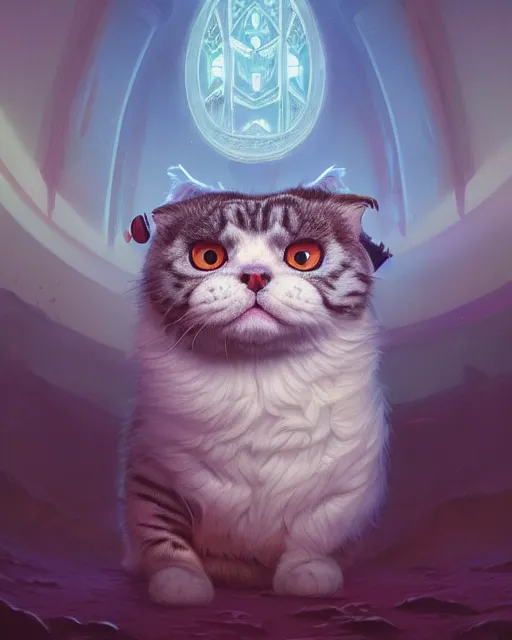 Image similar to highly detailed surreal vfx portrait of a sacred scottish fold cat, stephen bliss, unreal engine, greg rutkowski, loish, rhads, beeple, makoto shinkai and lois van baarle, ilya kuvshinov, rossdraws, tom bagshaw, alphonse mucha, global illumination, detailed and intricate environment