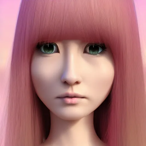 Image similar to A 3d cgi toon young woman with long pink hair, full bangs, amber eyes, pale skin, Chinese, medium shot, mid-shot, soft focus, 4k, trending on artbreeder