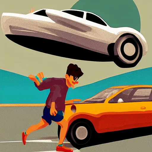 Image similar to man chased by a flying car, digital art