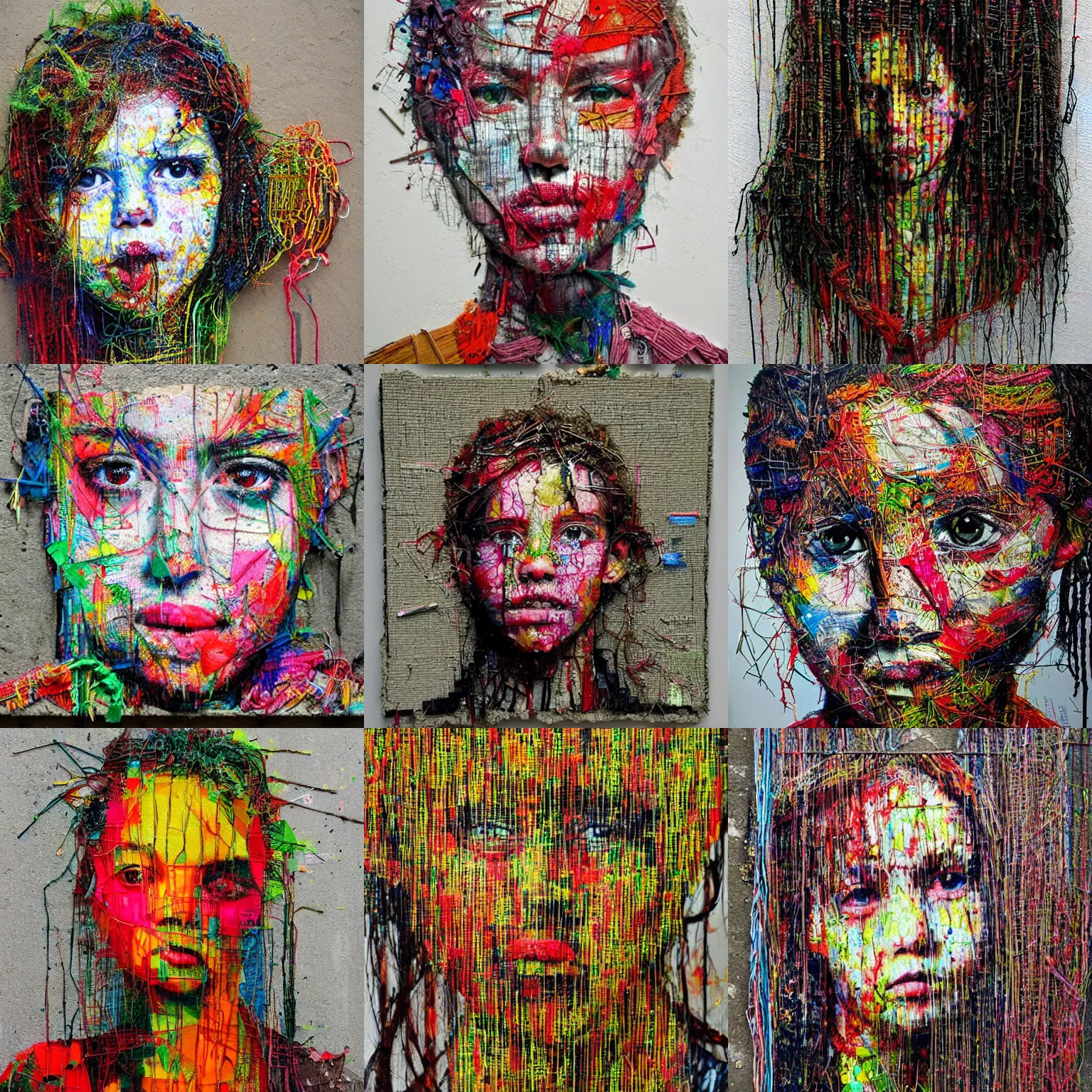 Prompt: a portrait of girl made out of threads by artur bordalo