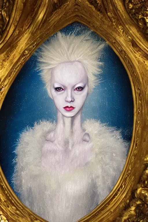 Image similar to hyperrealism oil painting, close - up portrait of albino queen medieval fashion model, knight, steel gradient mixed with nebula sky, in style of baroque