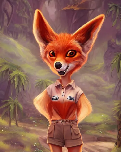 Image similar to award - winning extremely detailed fantasy art of a cute female innocent eyes anthropomorphic vulpes vulpes fulva wearing polo shirt and cargo shorts, 4 k