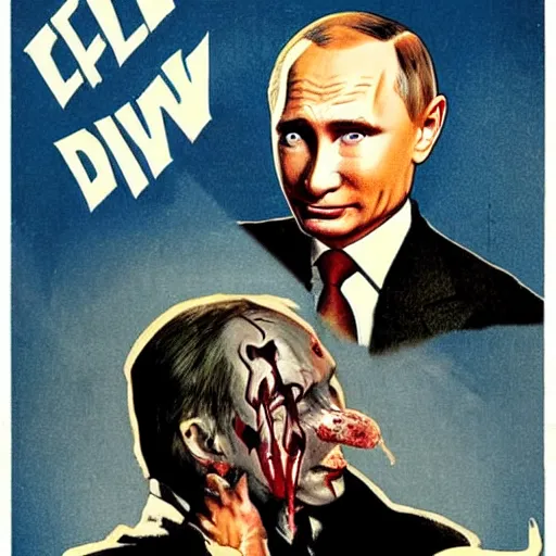 Prompt: Putin is serial killer devil in vintage horror movie poster of Putin is clown