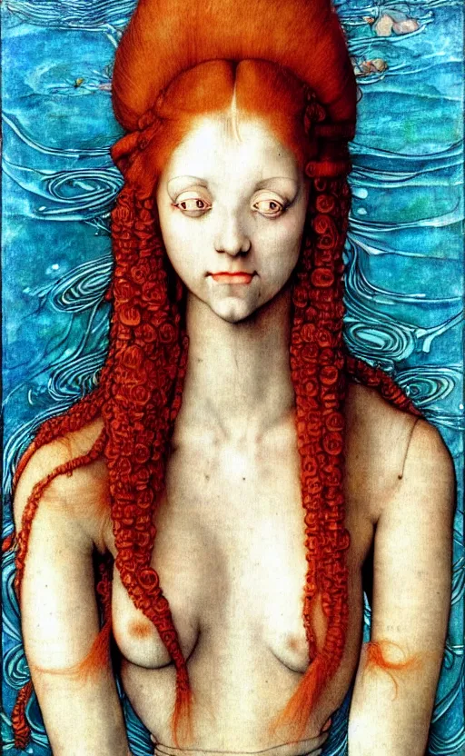 Image similar to portrait of a robot girl with long red hair and tattoo, under water, very beautiful enga style, girl wrapped in color, photorealism albrecht durer george copeland ault